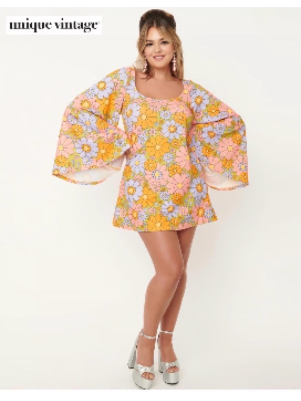 Unique Vintage Smak Parlor groovy Floral Mini Dress bell sleeves hippie size 1x